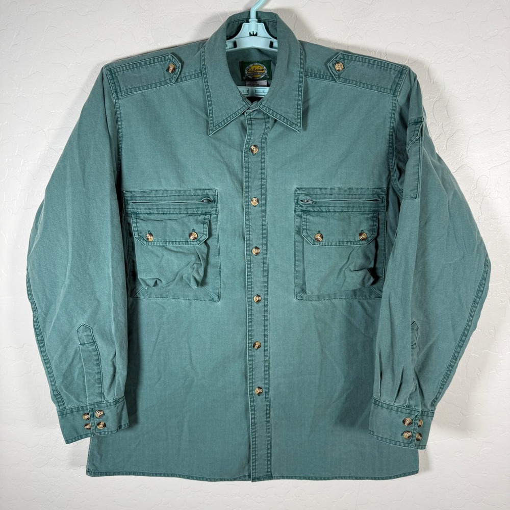 Cabelas Shirt Mens Large Green Safari Long Sleeve Utility Cargo Outdoor Hunting
